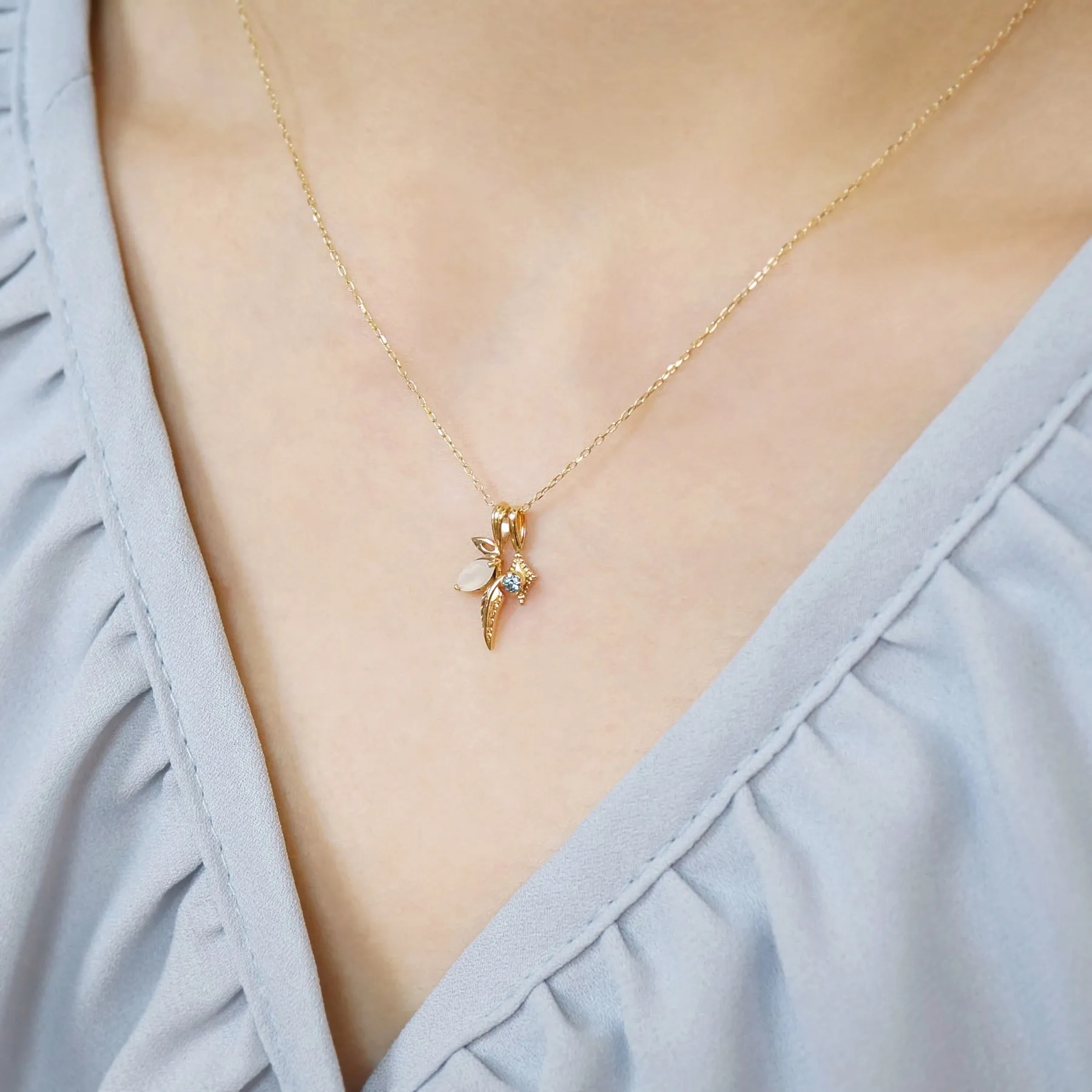 10K Moonstone x London Blue Topaz Necklace "Flutter" (Yellow Gold)