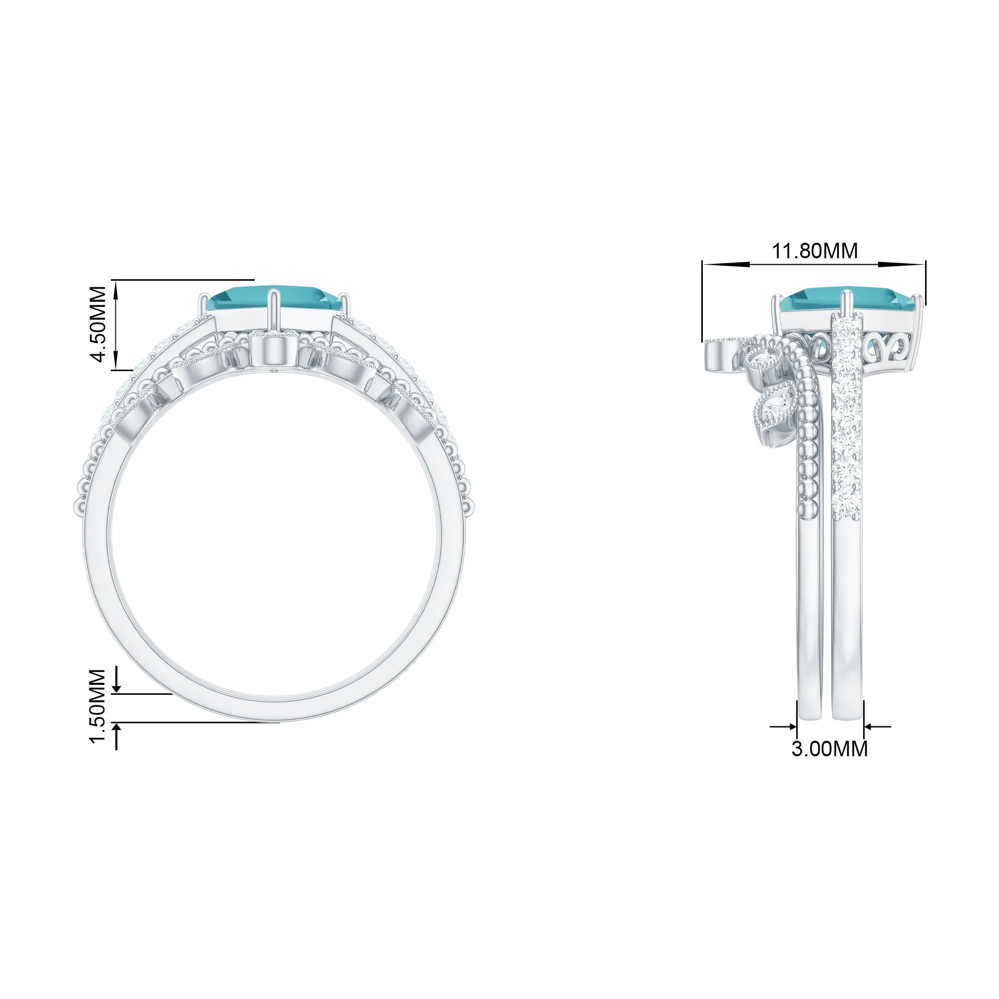 1.25 CT Princess Cut Sky Blue Topaz Vintage Ring Set with Diamond