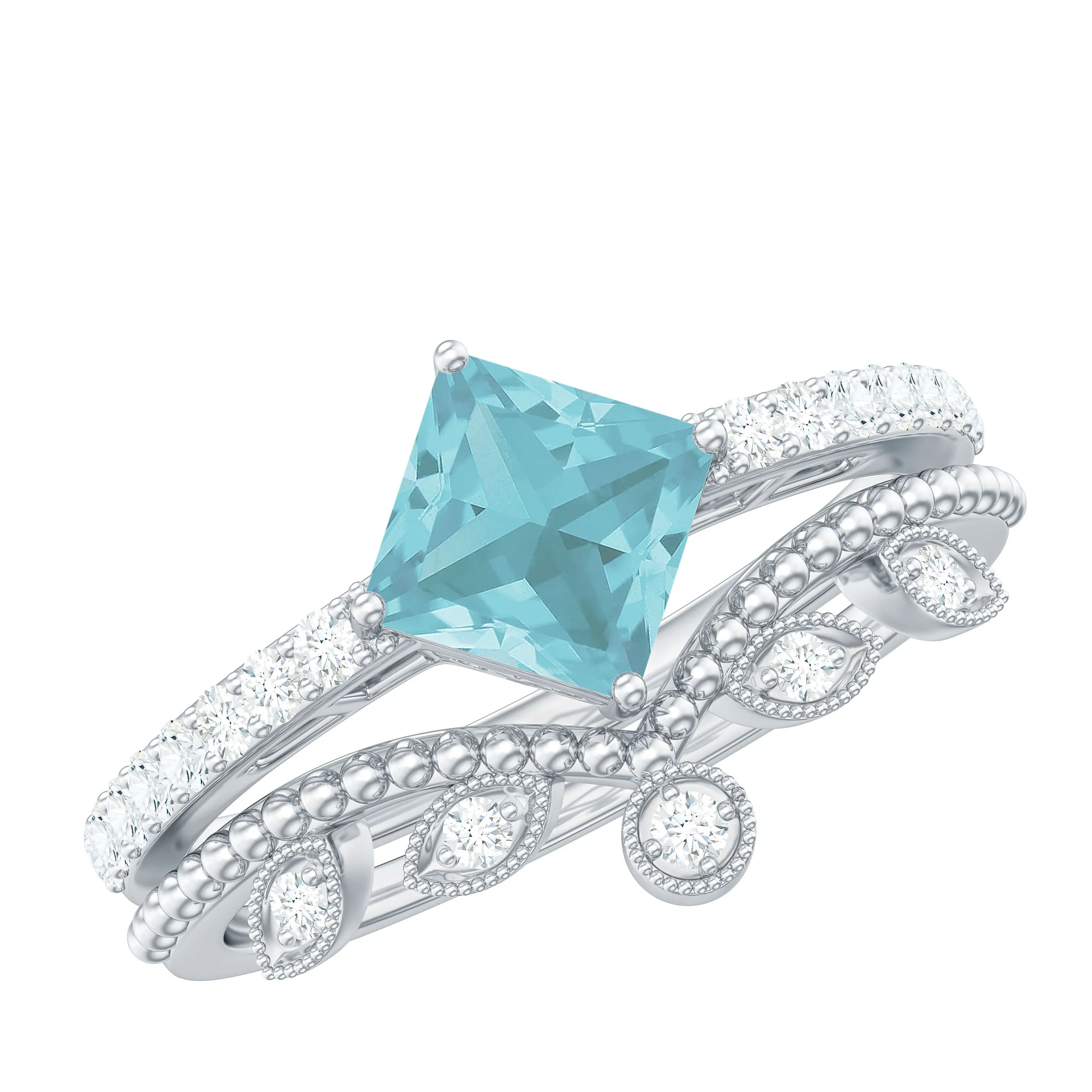 1.25 CT Princess Cut Sky Blue Topaz Vintage Ring Set with Diamond