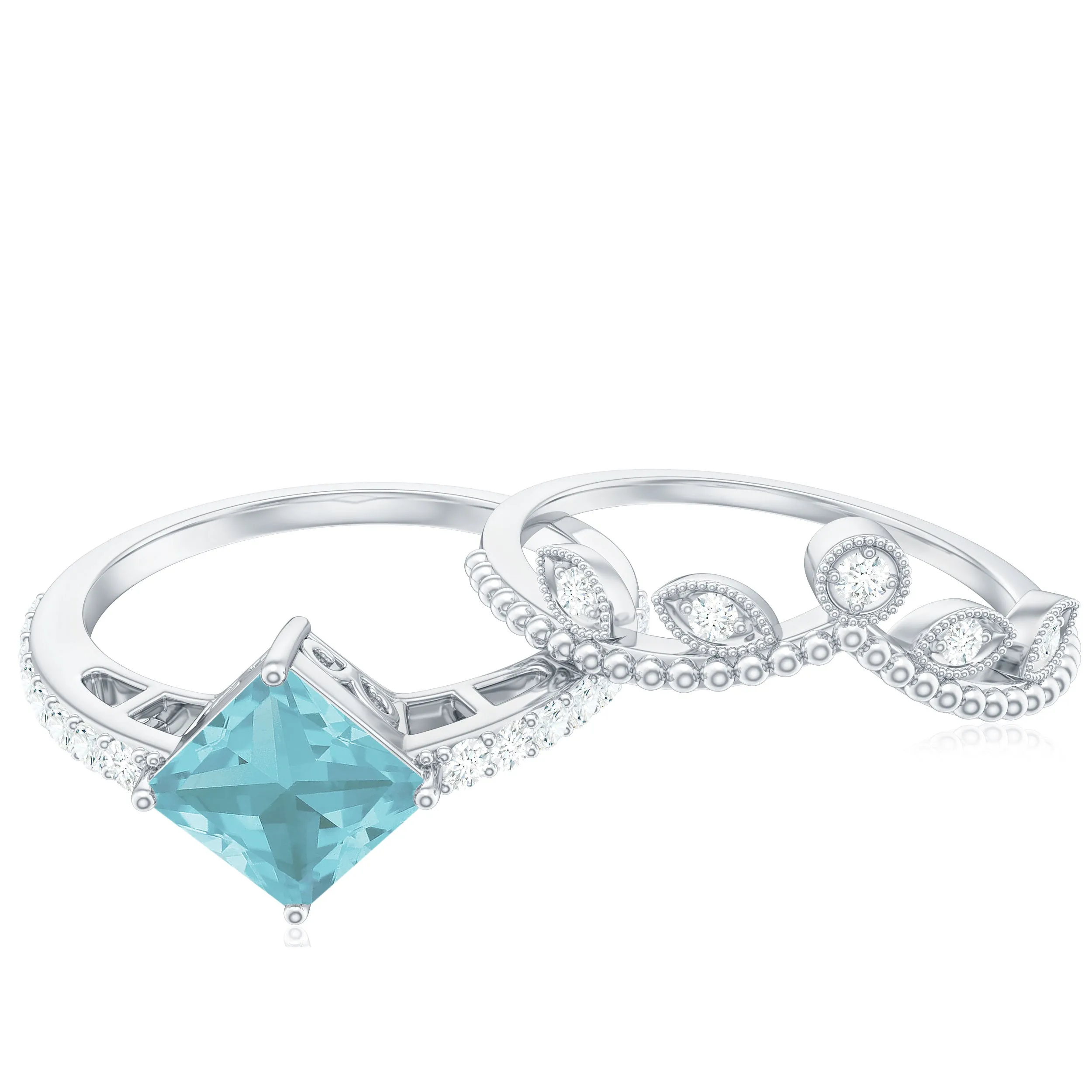 1.25 CT Princess Cut Sky Blue Topaz Vintage Ring Set with Diamond
