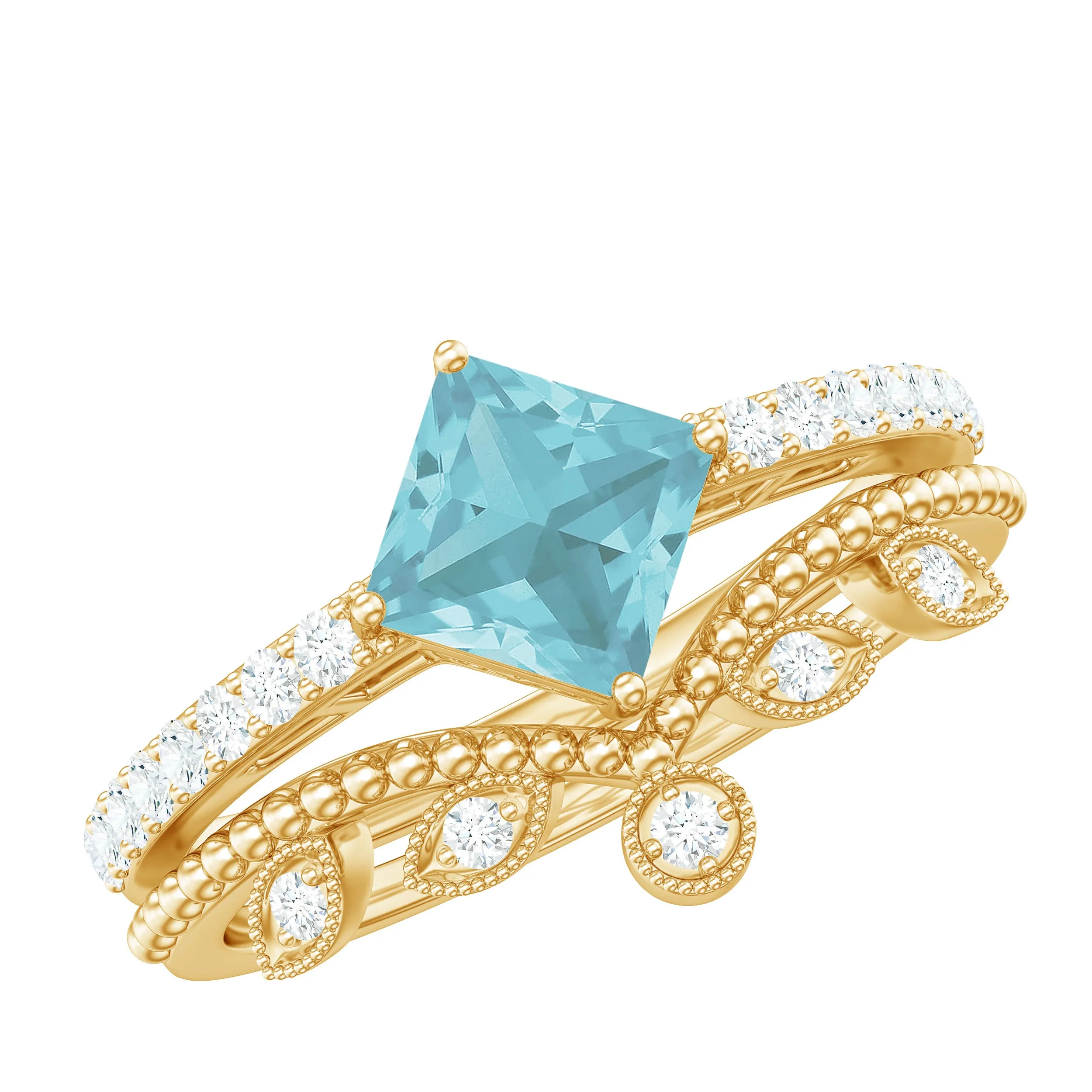 1.25 CT Princess Cut Sky Blue Topaz Vintage Ring Set with Diamond