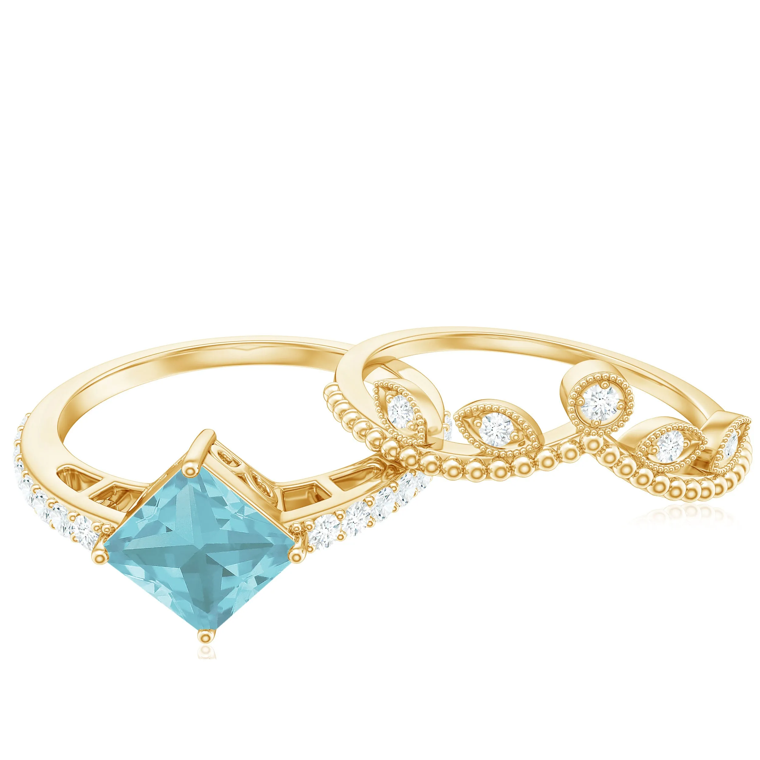 1.25 CT Princess Cut Sky Blue Topaz Vintage Ring Set with Diamond