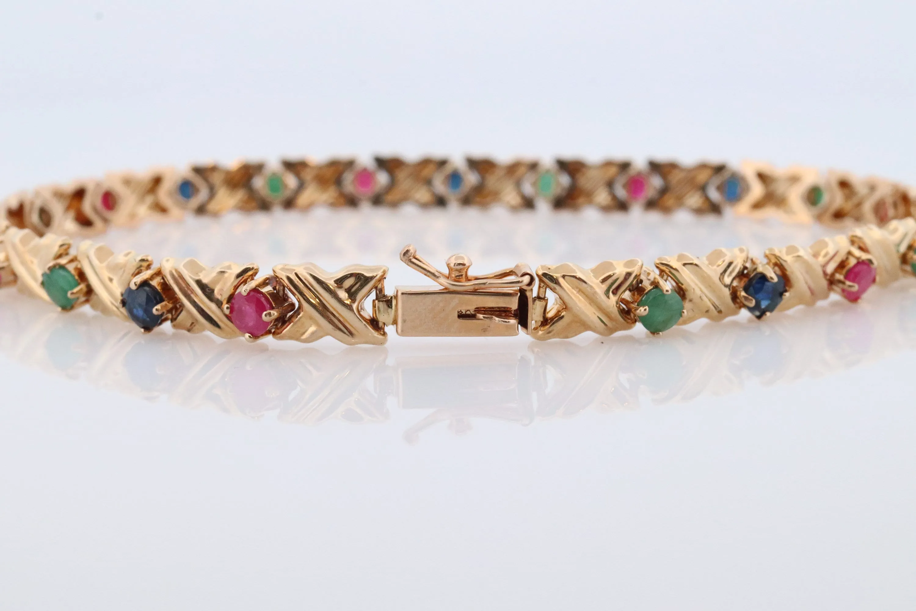 14k Multi-Color Gem Bracelet. Heavy XOXO Round Ruby Emerald Sapphire Flower Cluster arrangement Kiss Hug bracelet. (st220)