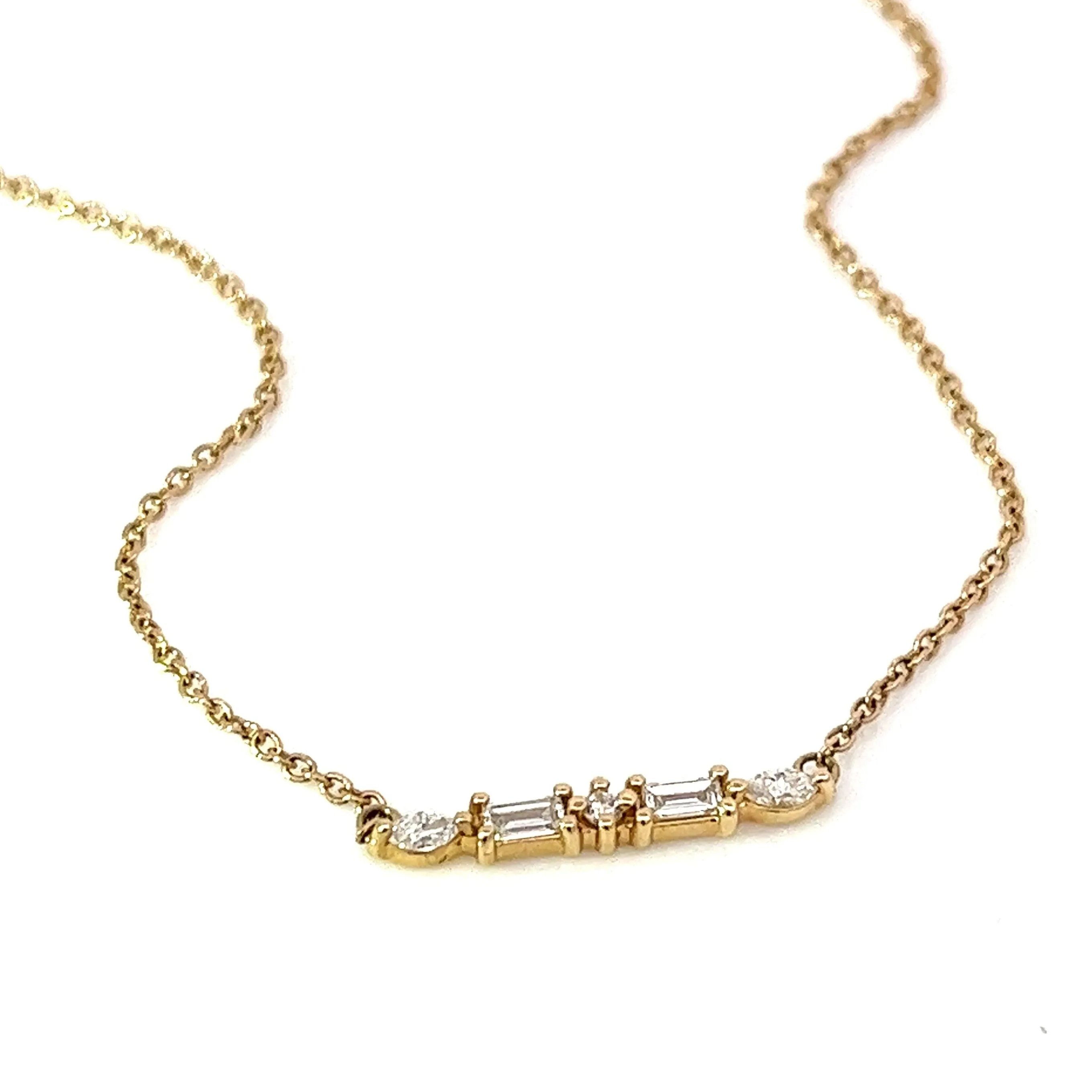 14K solid gold marquise & baguette diamond bar necklace