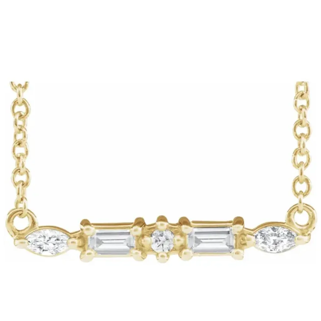 14K solid gold marquise & baguette diamond bar necklace