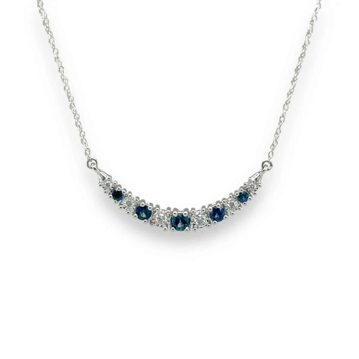 14K W Gold 0.10ctw Diamond and 0.40ctw Sapphires Bar Necklace
