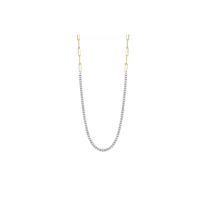 14K White Gold Diamond Necklace with Yellow Gold Paperclip Chain