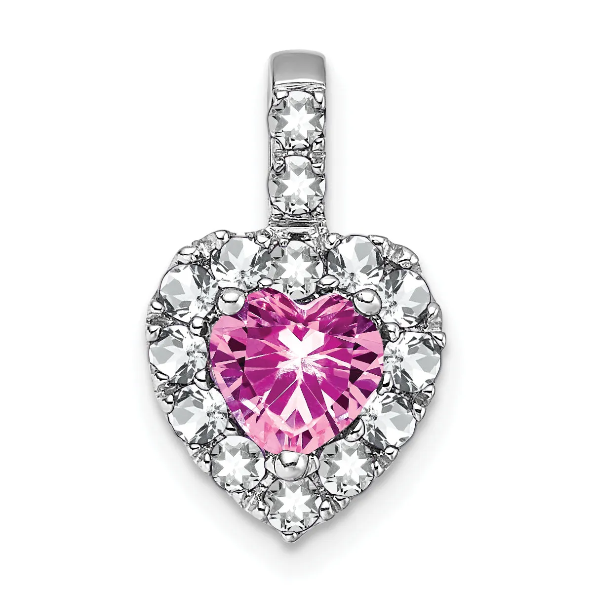 14k White Gold Pink Sapphire/White Topaz Halo Heart Pendant