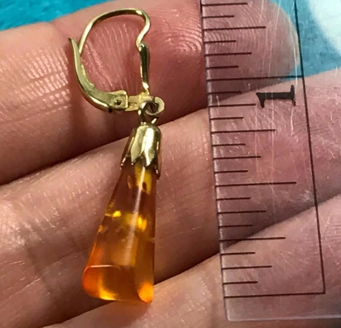 14k Yellow Gold Leverback Earrings w Dangling Prism Cut Amber. Warm Honey Color.