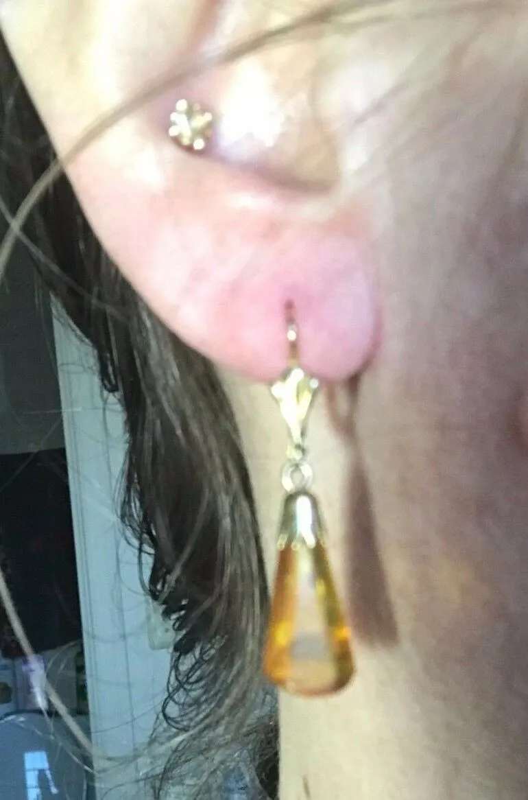 14k Yellow Gold Leverback Earrings w Dangling Prism Cut Amber. Warm Honey Color.