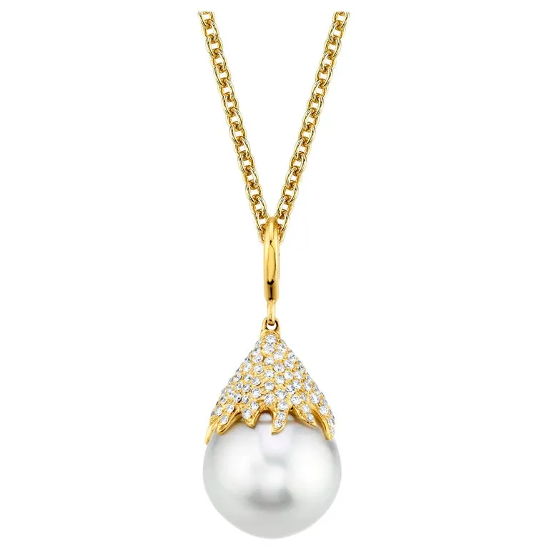 15mm White South Sea Pearl Drop, Diamond Cap, 18k Yellow Gold Pendant w/ Chain