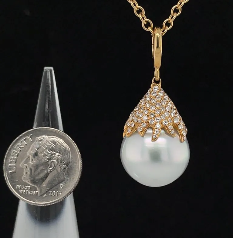15mm White South Sea Pearl Drop, Diamond Cap, 18k Yellow Gold Pendant w/ Chain