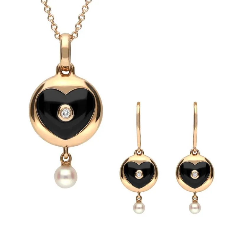 18ct Rose Gold Whitby Jet Diamond Pearl Heart In Circle Two Piece Set D