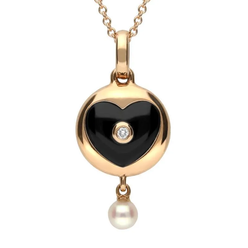 18ct Rose Gold Whitby Jet Diamond Pearl Heart In Circle Two Piece Set D