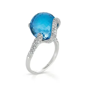 18K WHITE GOLD RING WITH DIAMONDS AND BLUE TOPAZ
