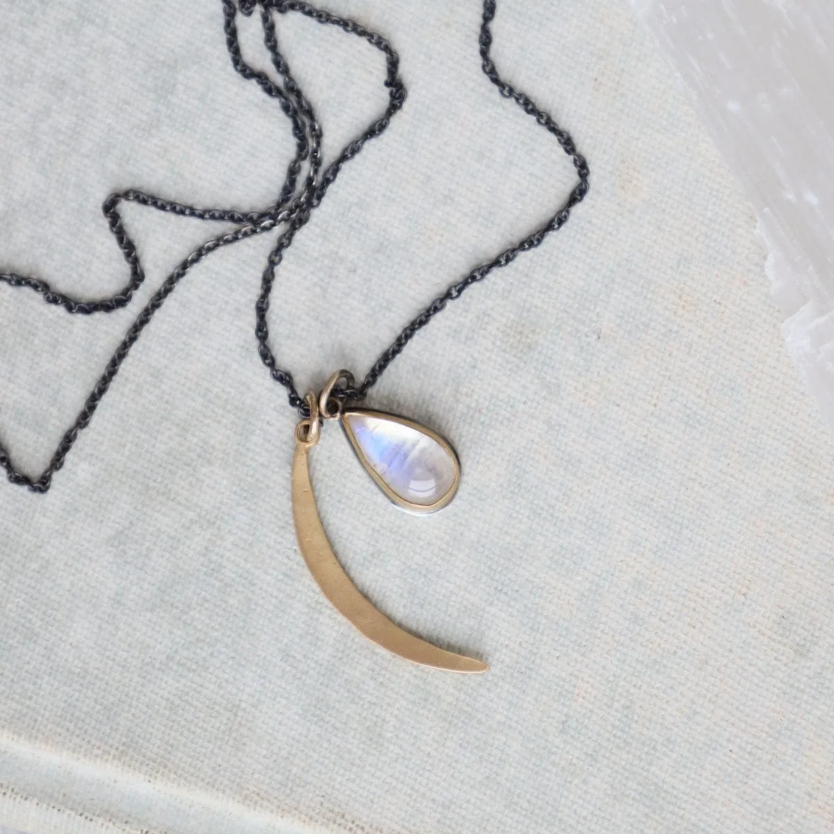 22k Bezel Set Moonstone & Crescent Moon Necklace