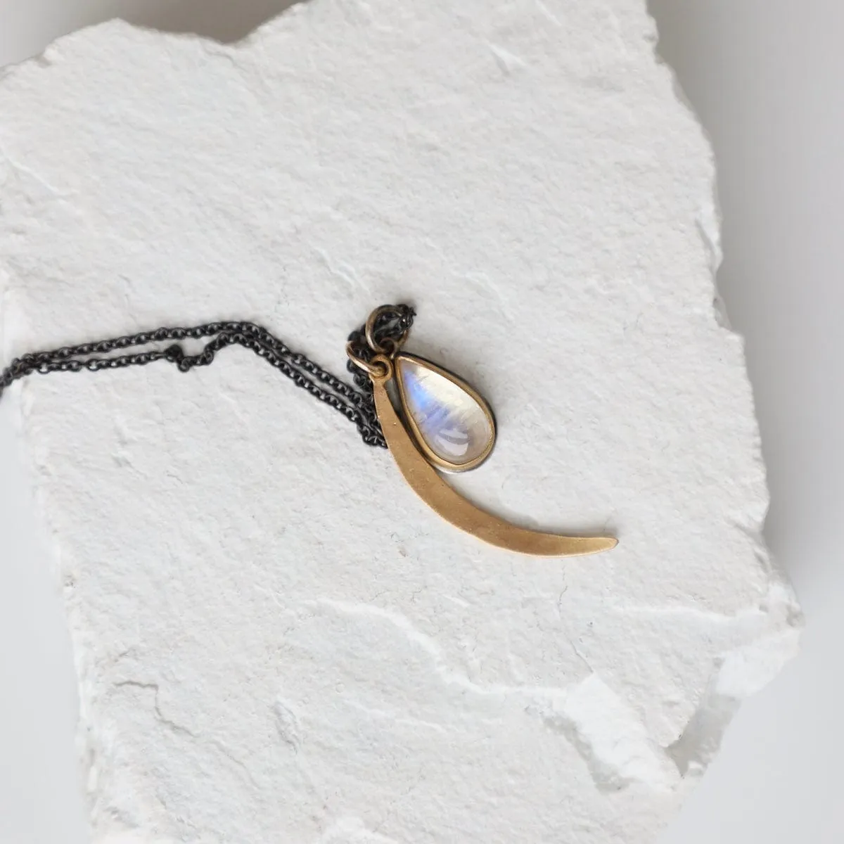 22k Bezel Set Moonstone & Crescent Moon Necklace