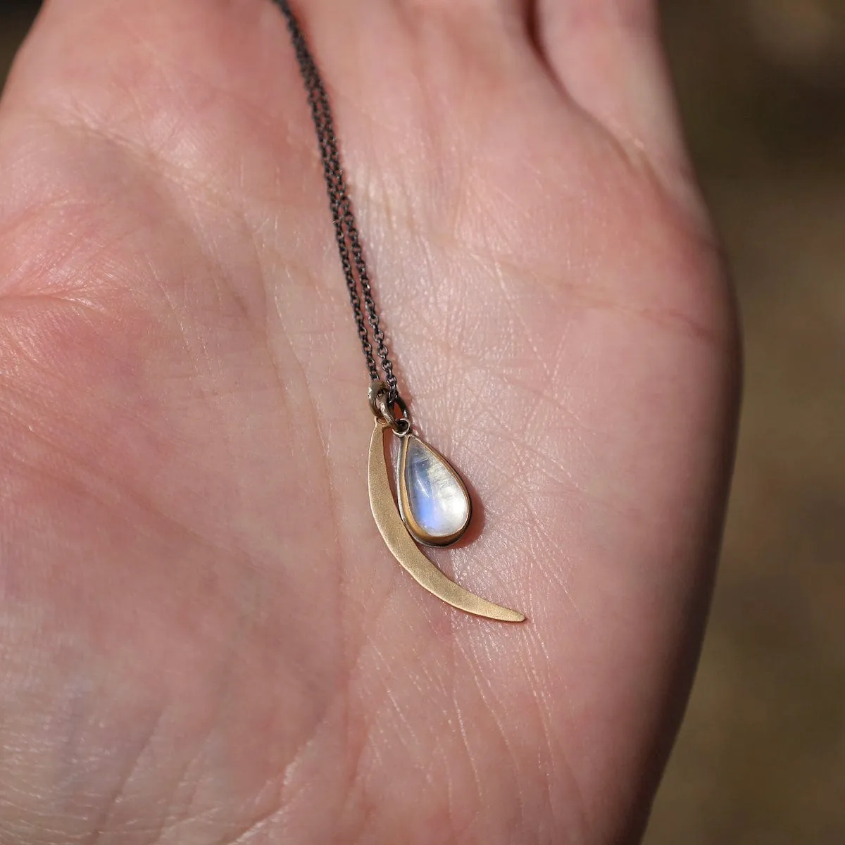 22k Bezel Set Moonstone & Crescent Moon Necklace