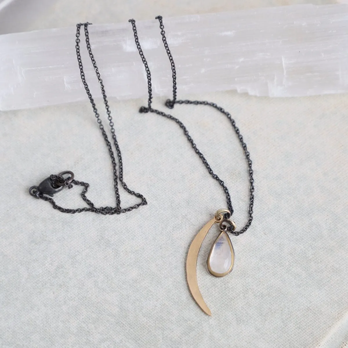 22k Bezel Set Moonstone & Crescent Moon Necklace