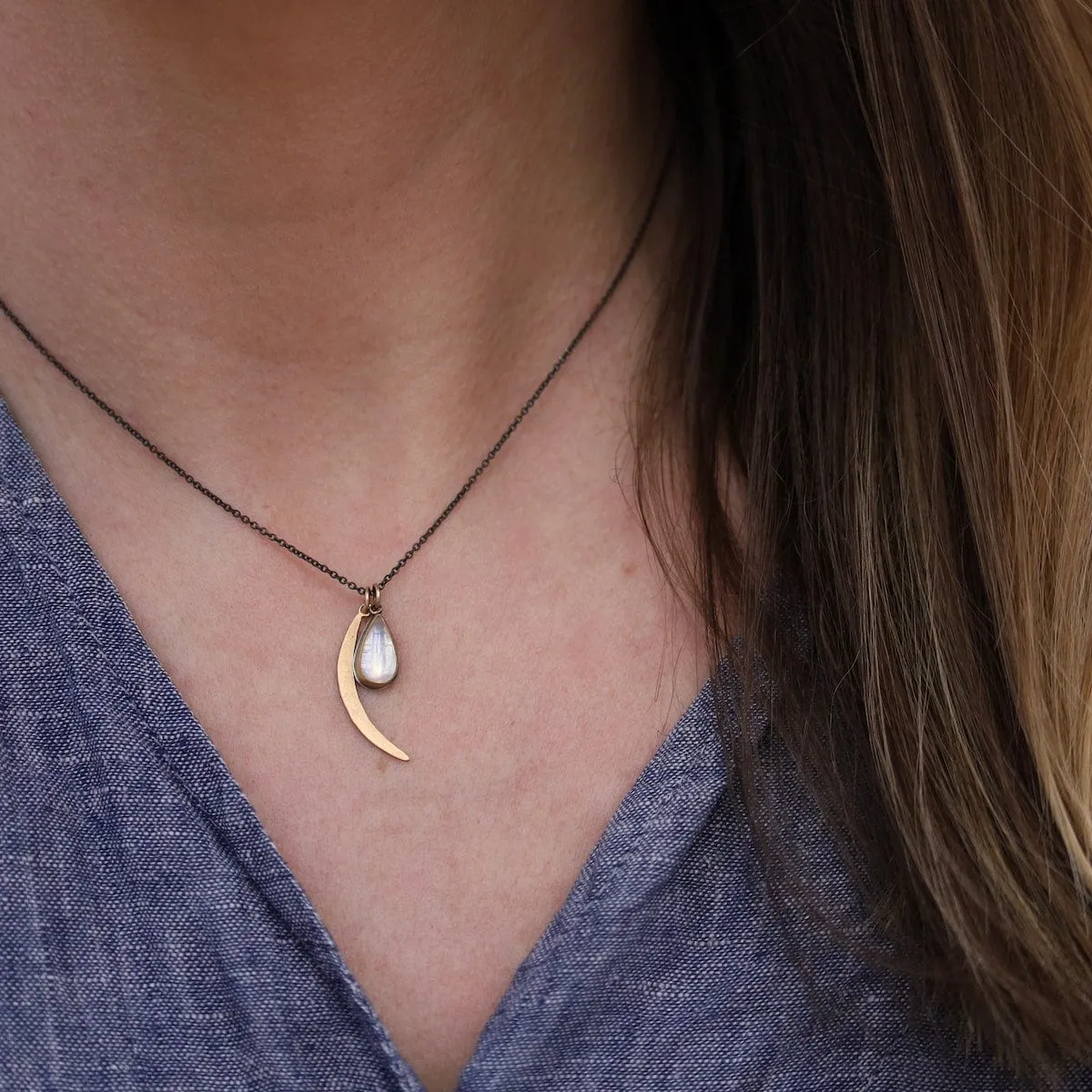 22k Bezel Set Moonstone & Crescent Moon Necklace
