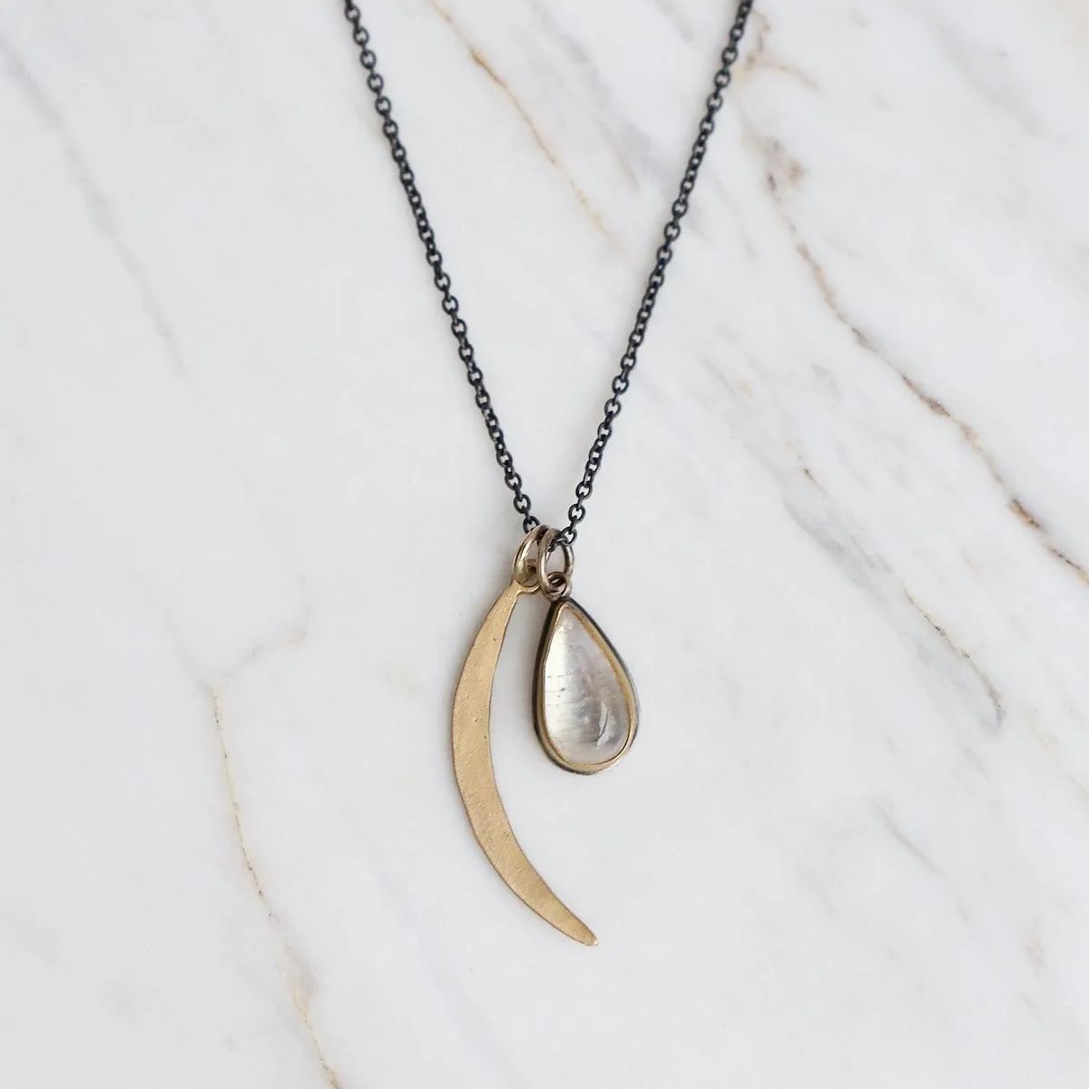 22k Bezel Set Moonstone & Crescent Moon Necklace