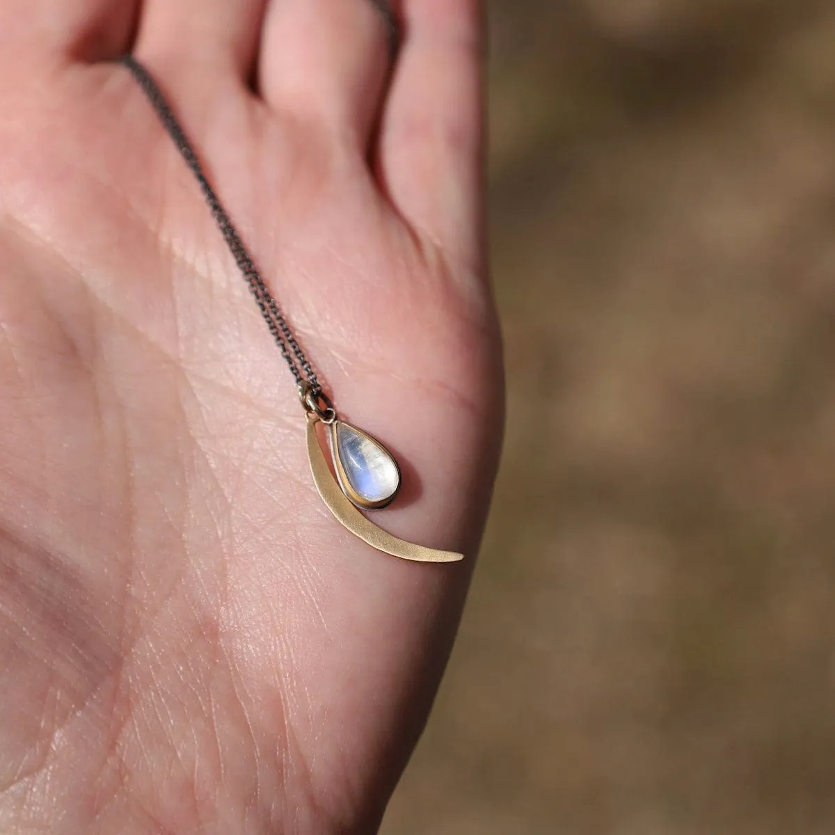 22k Bezel Set Moonstone & Crescent Moon Necklace