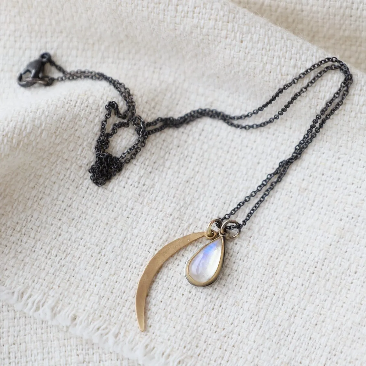 22k Bezel Set Moonstone & Crescent Moon Necklace