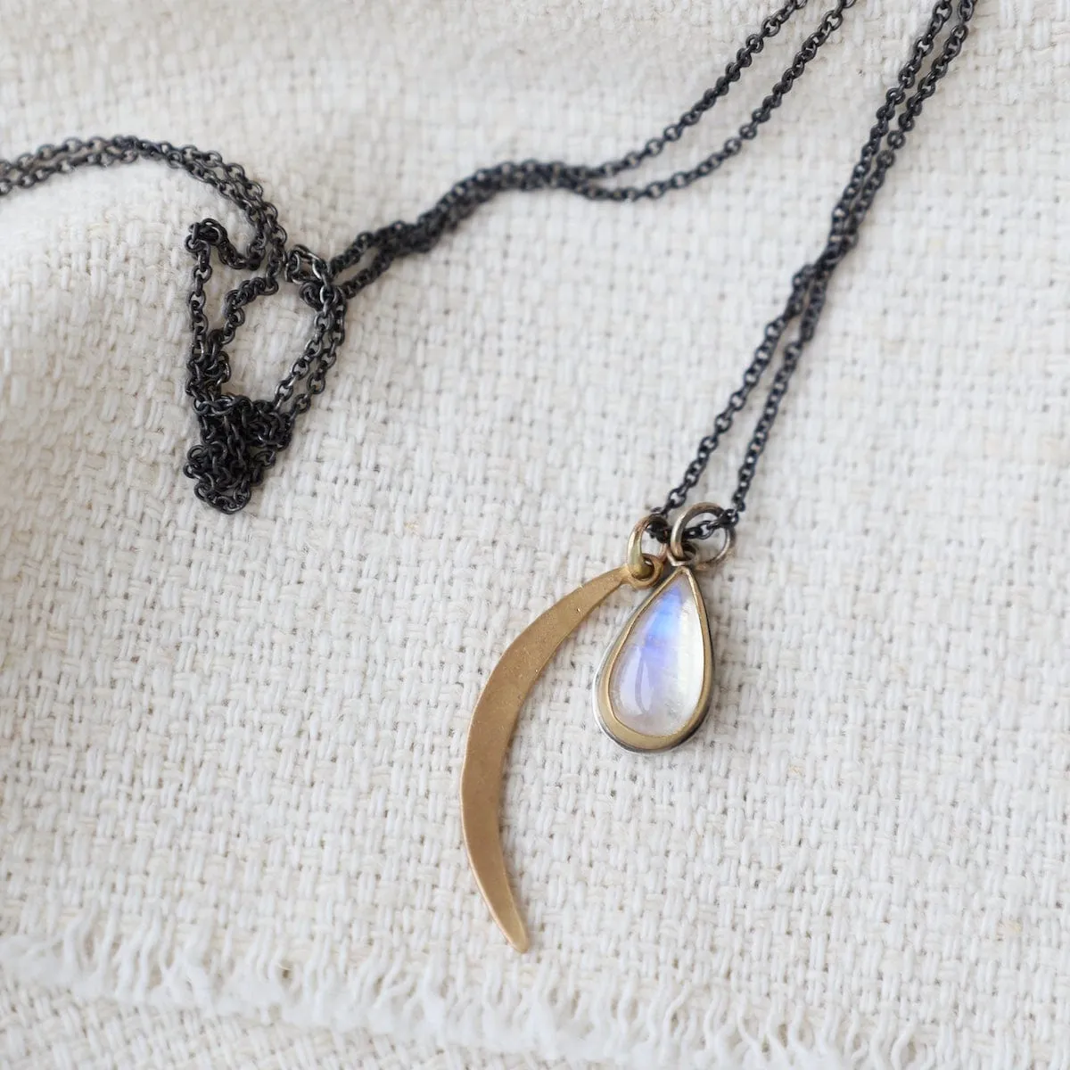 22k Bezel Set Moonstone & Crescent Moon Necklace