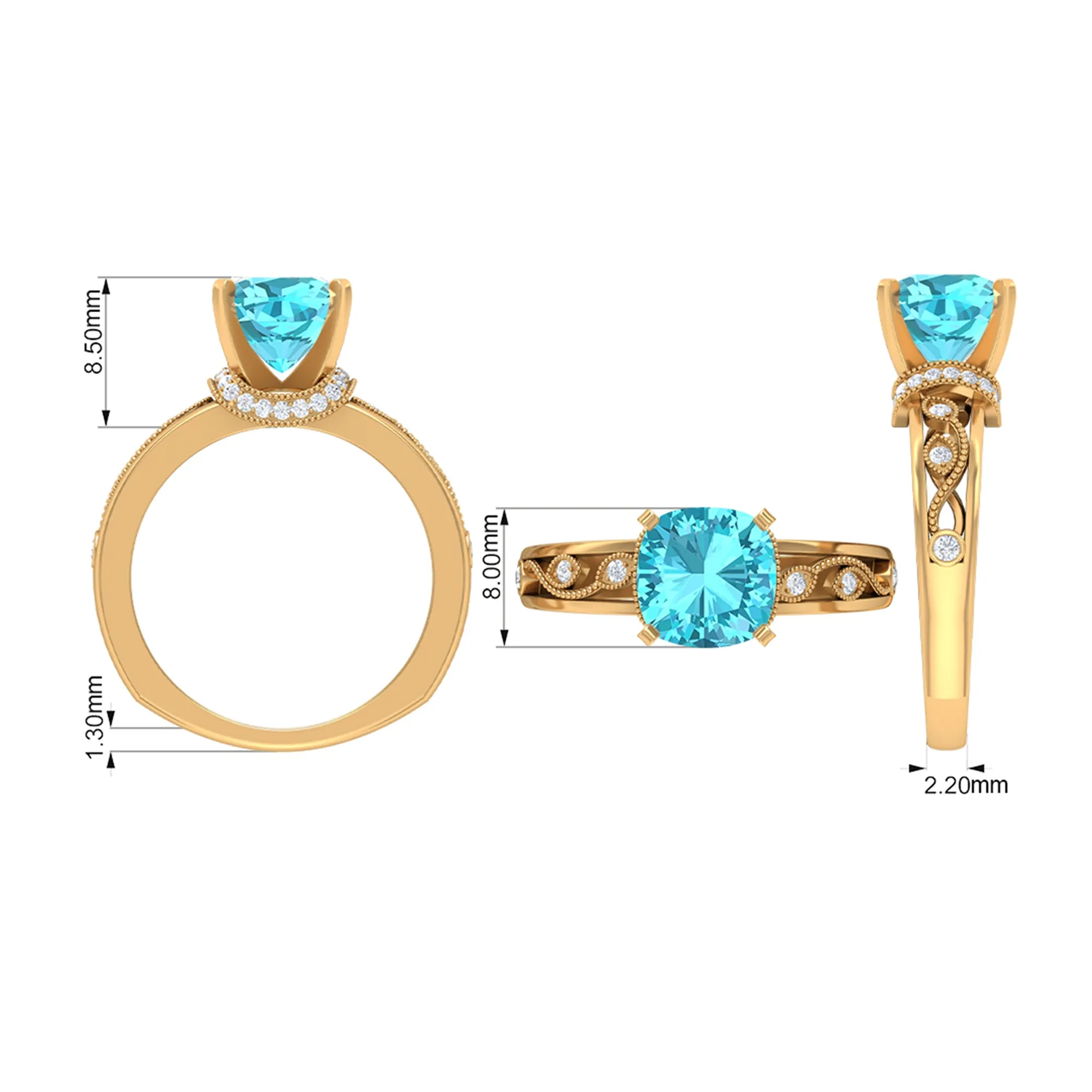 2.50 CT Swiss Blue Topaz Milgrain Solitaire Ring with Diamond Accents