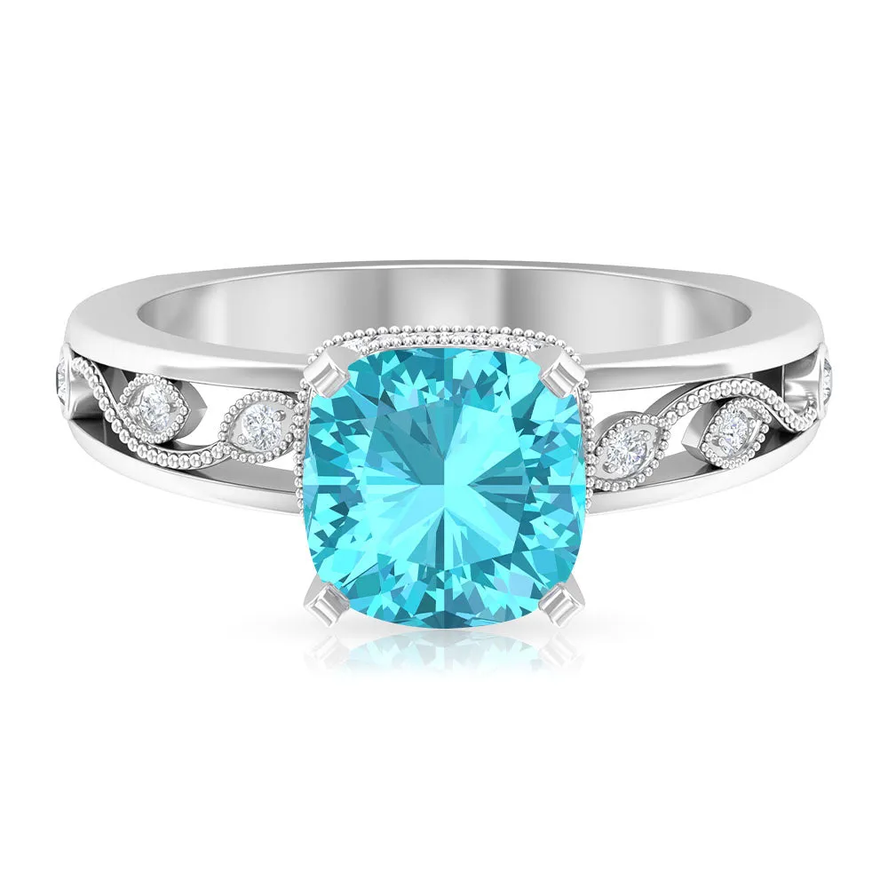 2.50 CT Swiss Blue Topaz Milgrain Solitaire Ring with Diamond Accents