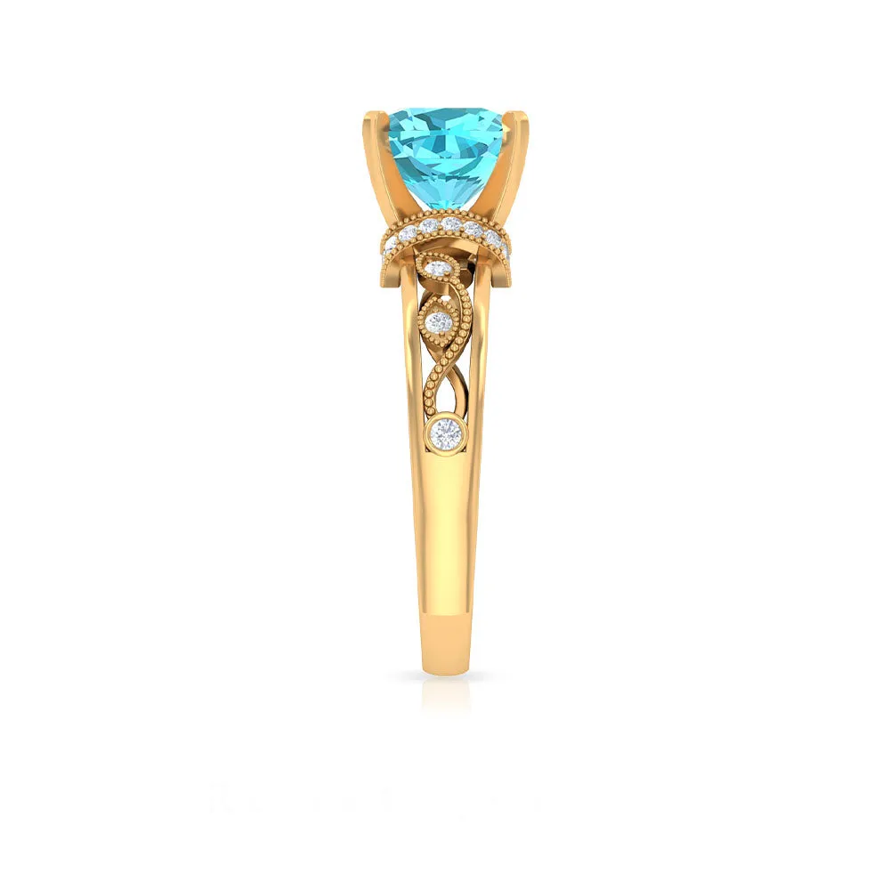 2.50 CT Swiss Blue Topaz Milgrain Solitaire Ring with Diamond Accents