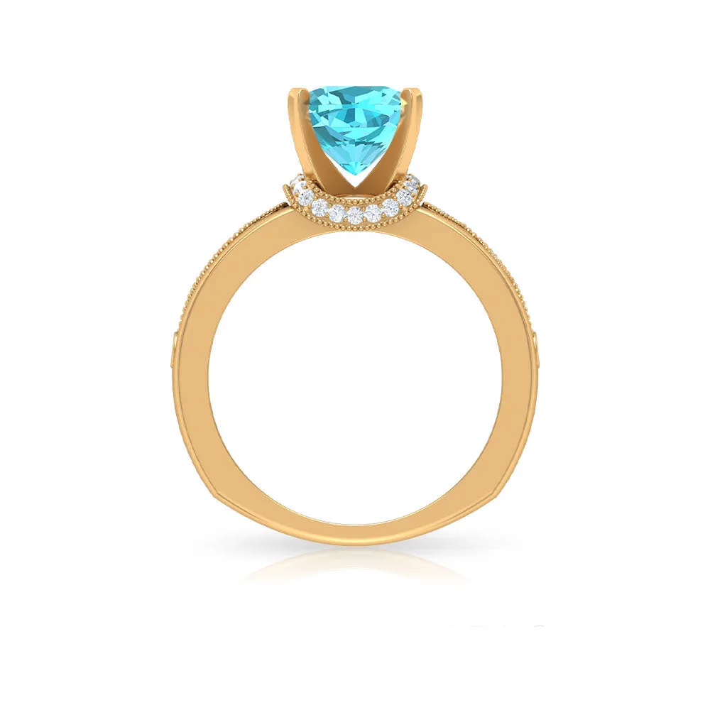 2.50 CT Swiss Blue Topaz Milgrain Solitaire Ring with Diamond Accents