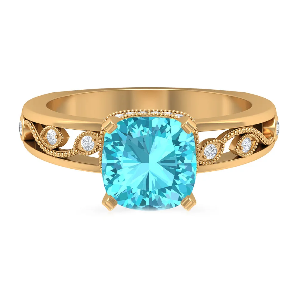 2.50 CT Swiss Blue Topaz Milgrain Solitaire Ring with Diamond Accents