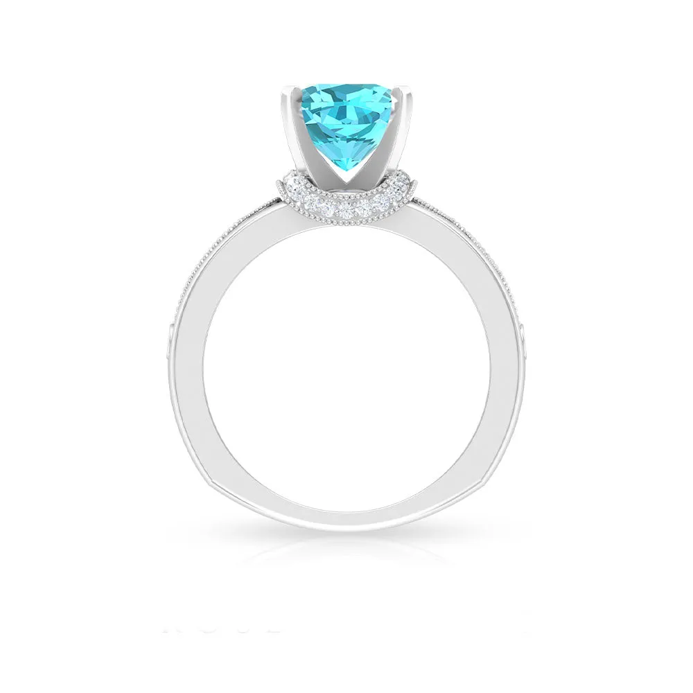 2.50 CT Swiss Blue Topaz Milgrain Solitaire Ring with Diamond Accents