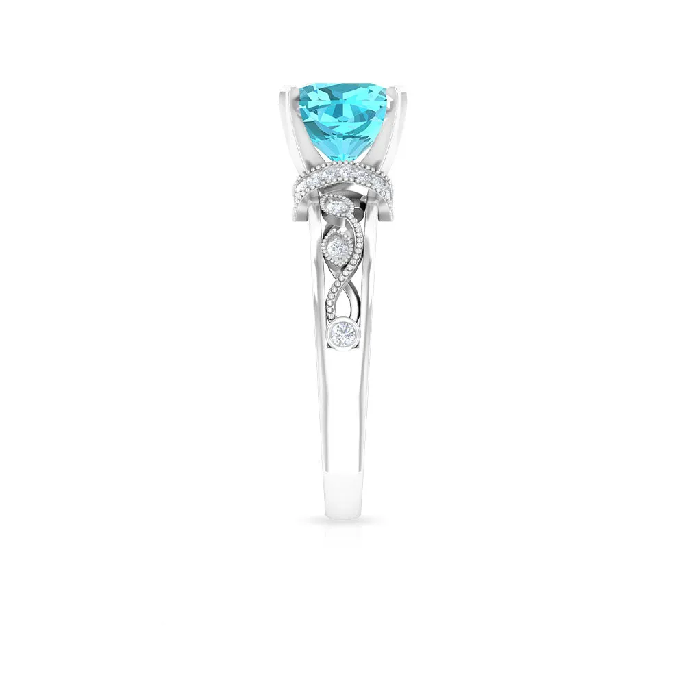 2.50 CT Swiss Blue Topaz Milgrain Solitaire Ring with Diamond Accents