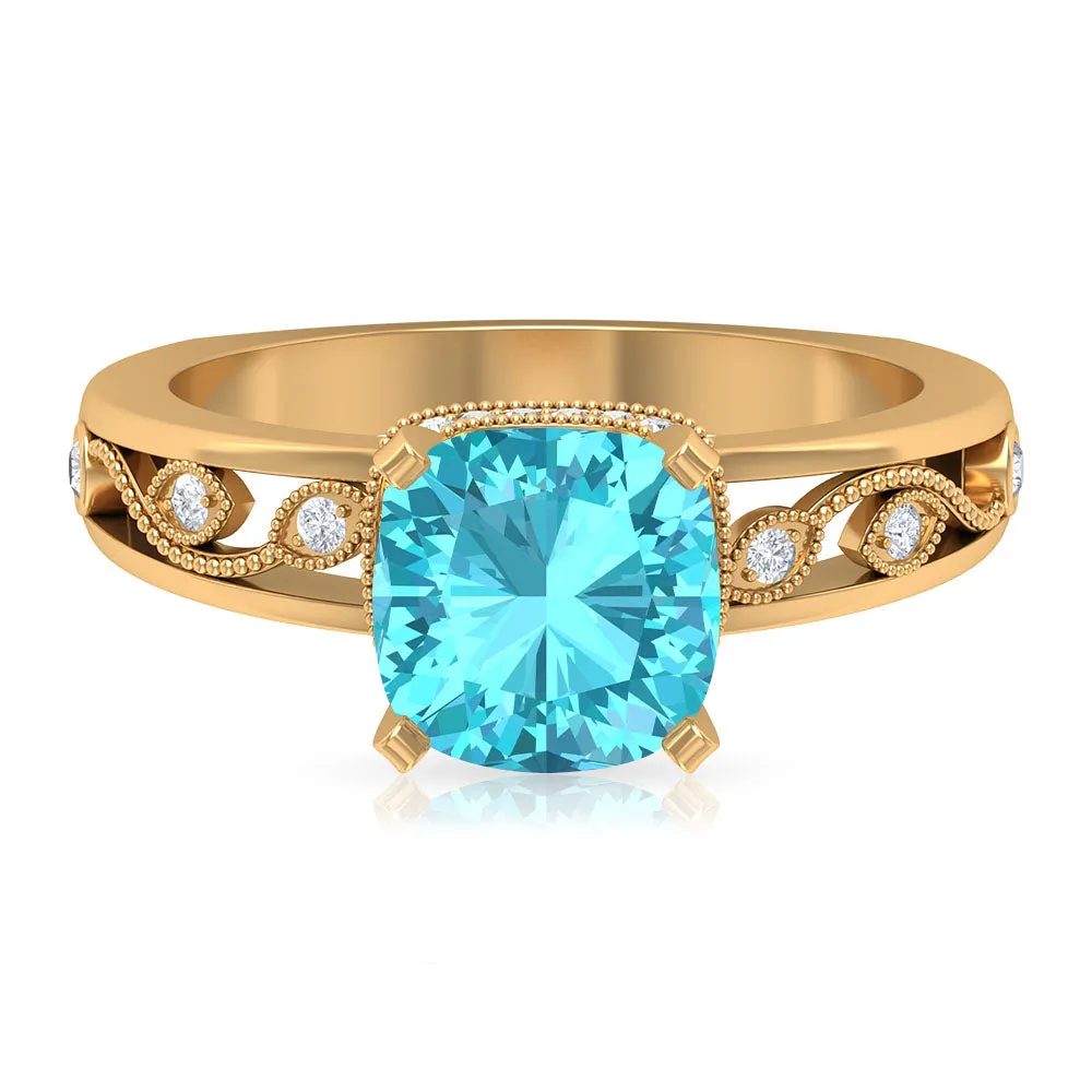 2.50 CT Swiss Blue Topaz Milgrain Solitaire Ring with Diamond Accents