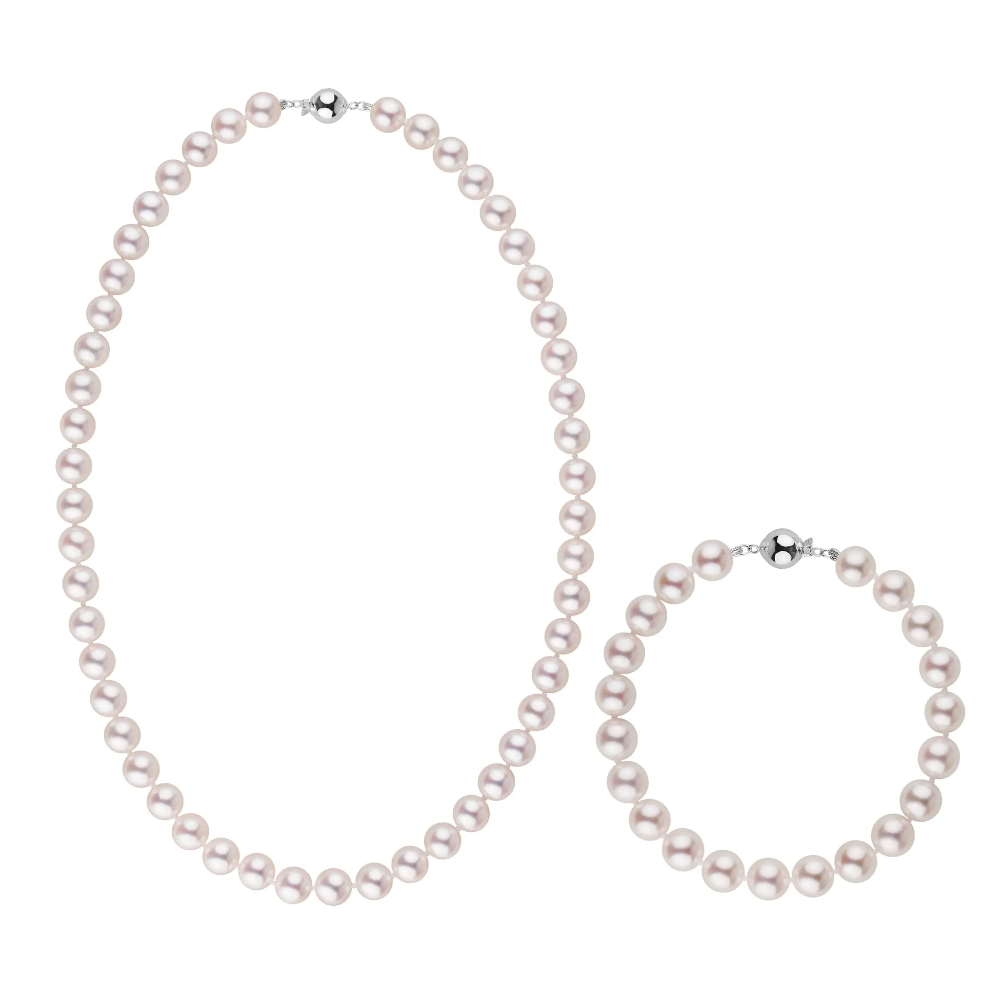 8.0-8.5 mm AAA Bright White Rose Tone Akoya Pearl 16 Inch Necklace & Bracelet Set