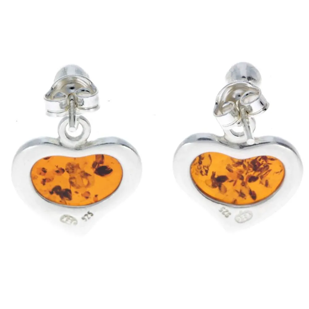 925 Sterling Silver & Genuine Baltic Amber Classic Hearts Drop Earrings - AC019