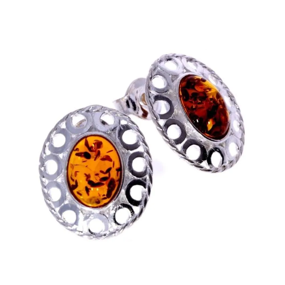925 Sterling Silver & Genuine Baltic Amber Classic Oval Studs Earrings - K172