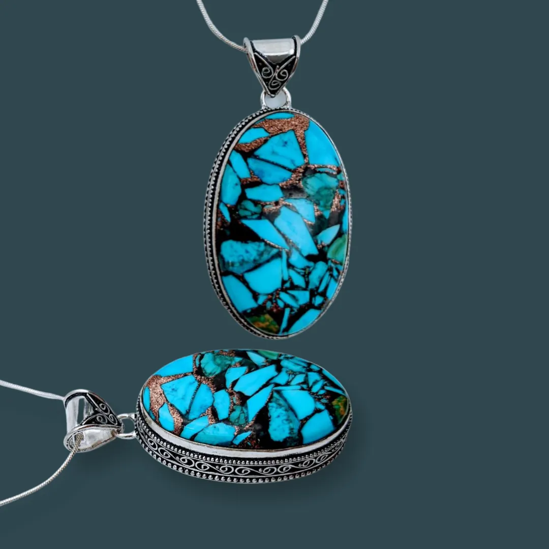 925 Sterling Silver, Turquoise & Malachite mixed with Copper, Necklace