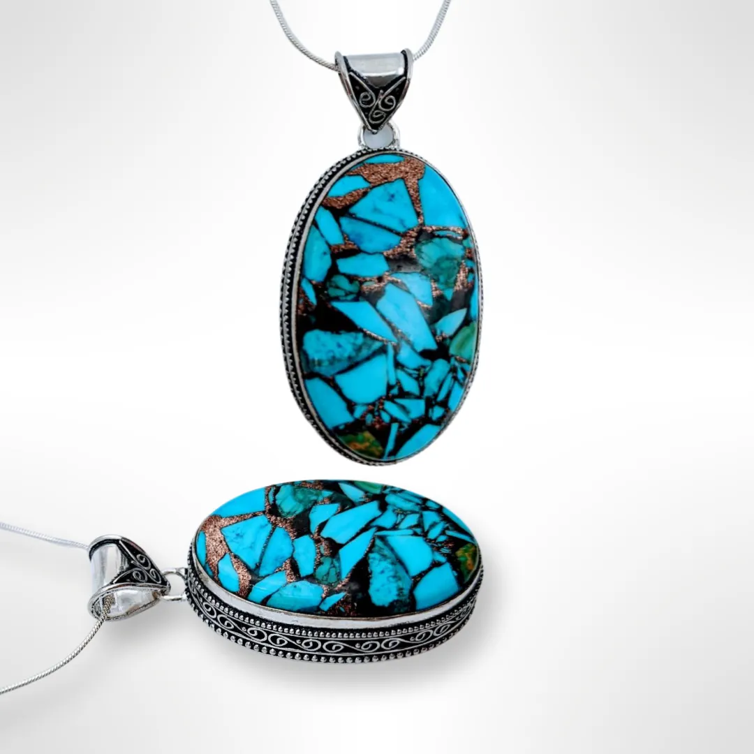 925 Sterling Silver, Turquoise & Malachite mixed with Copper, Necklace