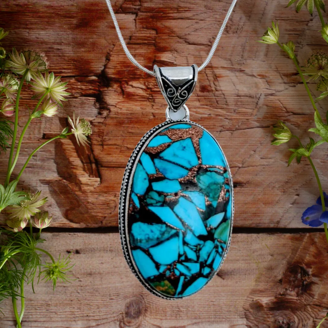 925 Sterling Silver, Turquoise & Malachite mixed with Copper, Necklace