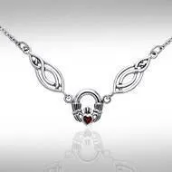 A traditional token loyalty, friendship, and romantic love ~ Celtic Knotwork Claddagh Sterling Silver Necklace Jewelry with Gemstone TNC082