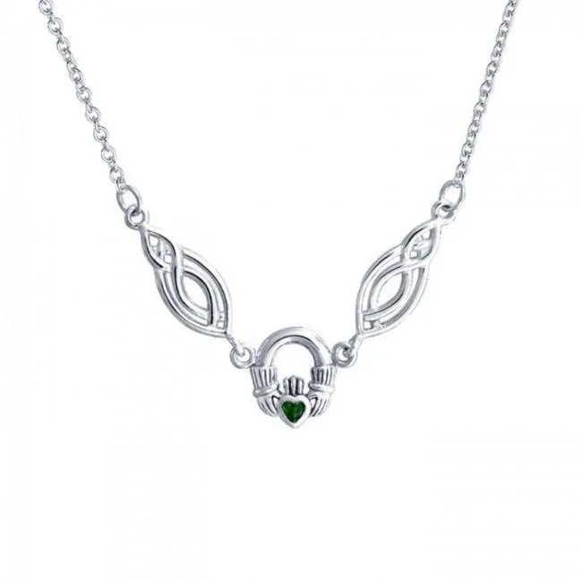 A traditional token loyalty, friendship, and romantic love ~ Celtic Knotwork Claddagh Sterling Silver Necklace Jewelry with Gemstone TNC082