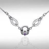 A traditional token loyalty, friendship, and romantic love ~ Celtic Knotwork Claddagh Sterling Silver Necklace Jewelry with Gemstone TNC082
