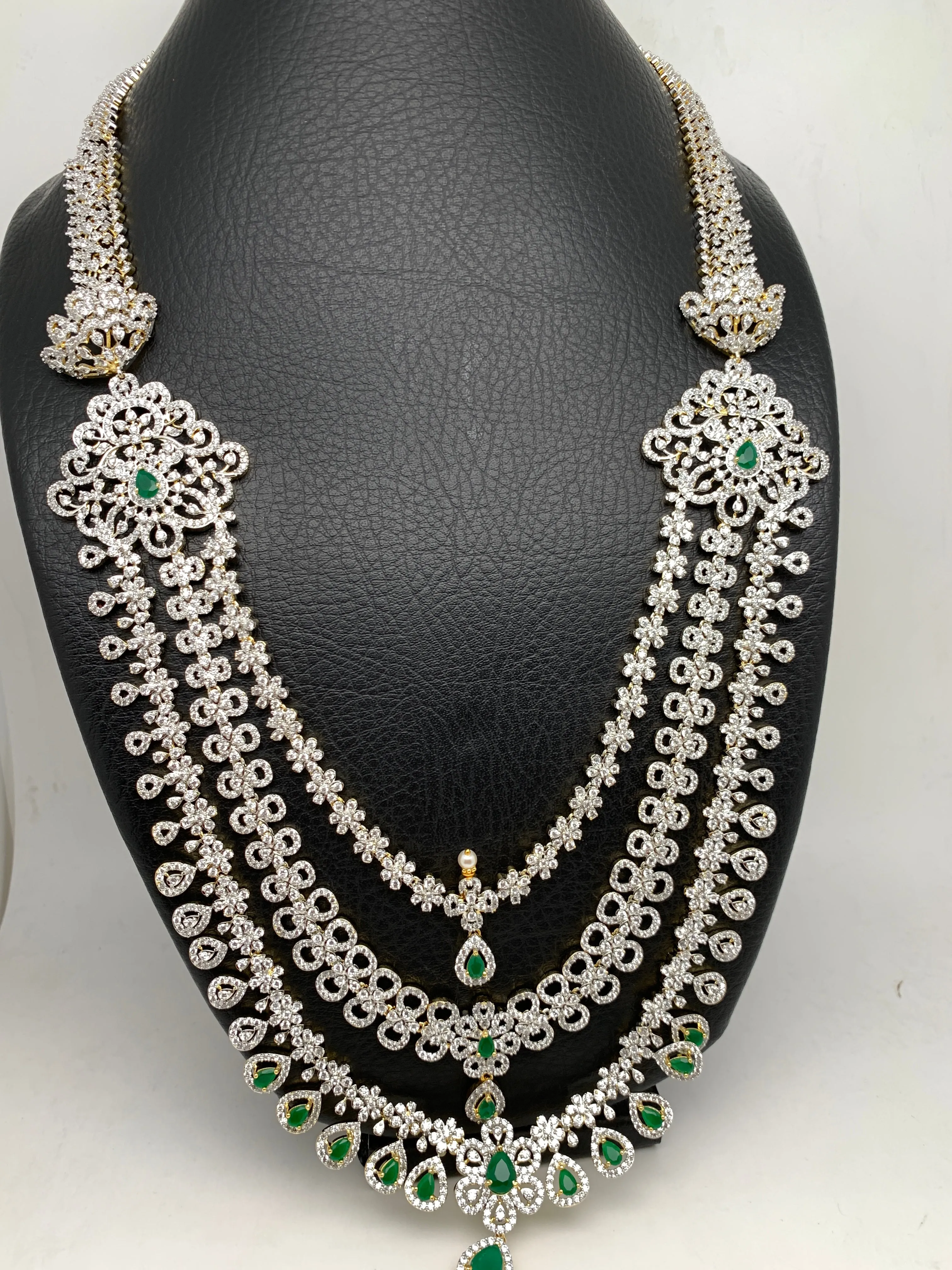 AD Emerald Green Stone Multi Layer Teen Lada Long Necklace
