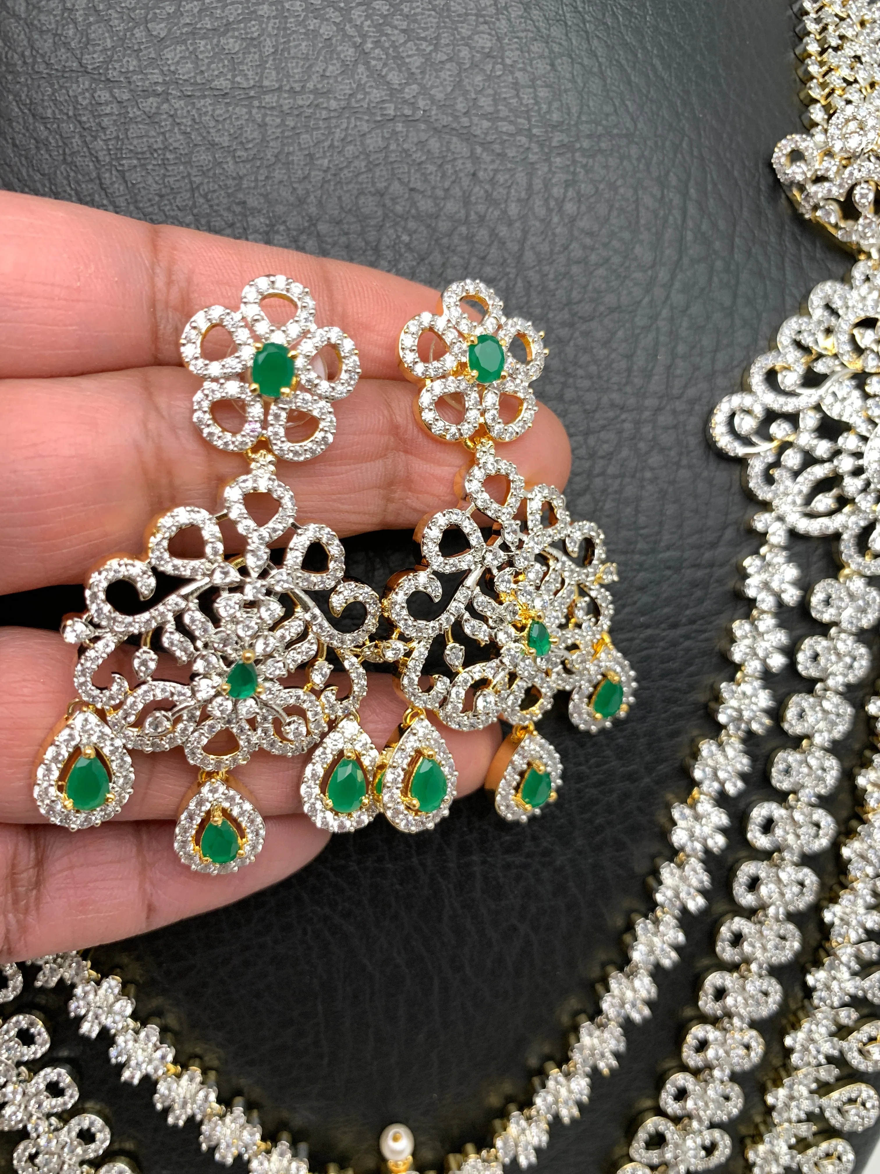 AD Emerald Green Stone Multi Layer Teen Lada Long Necklace