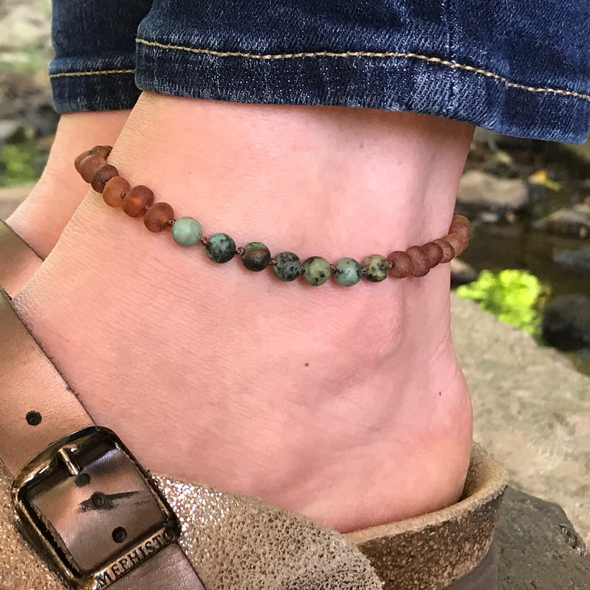 Adults | Dalmatian Jasper   Raw Cherry Amber Anklet