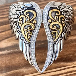 Angel Heart Wing Bracelet - Silver & Gold - Double Wing  Cuff - Crystal Stone - AW03