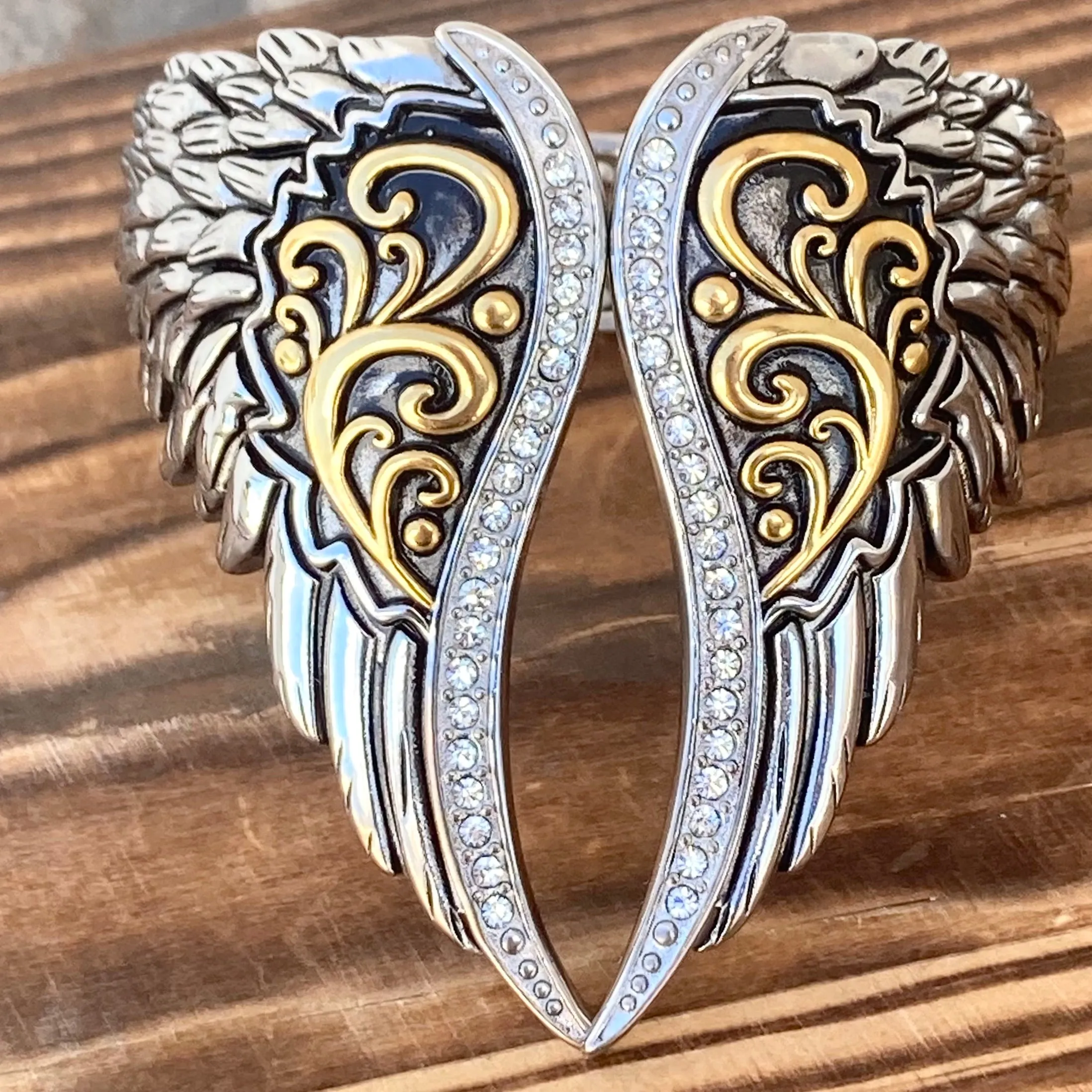 Angel Heart Wing Bracelet - Silver & Gold - Double Wing  Cuff - Crystal Stone - AW03